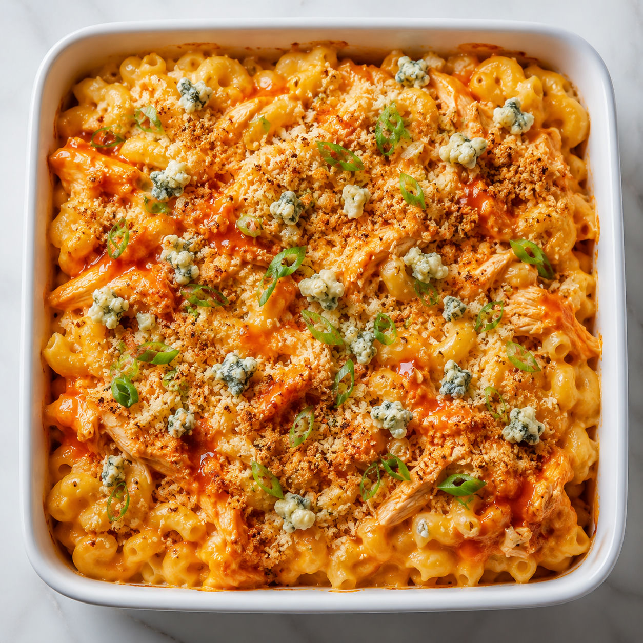 Buffalo Chicken Mac and Cheese with panko, blue cheese, and green onions