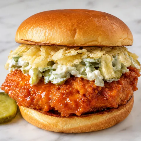 Crispy Buffalo chicken sandwich with pickle slaw and kettle chips