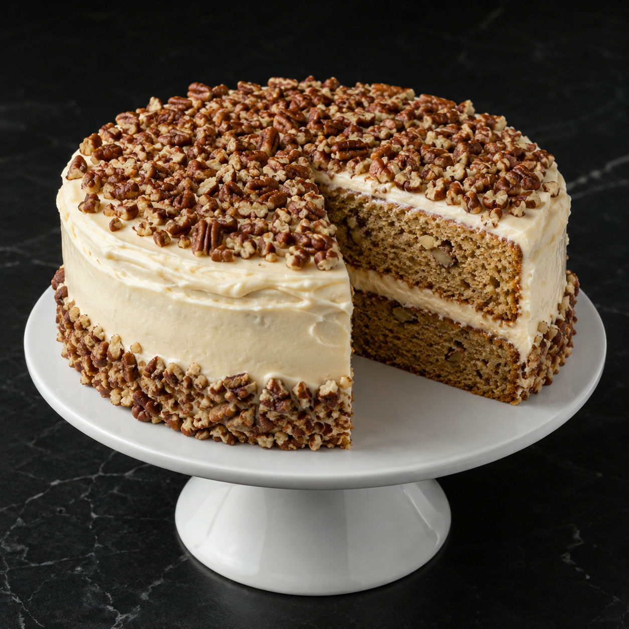 Southern butter pecan layer cake with cream cheese frosting and toasted pecans
