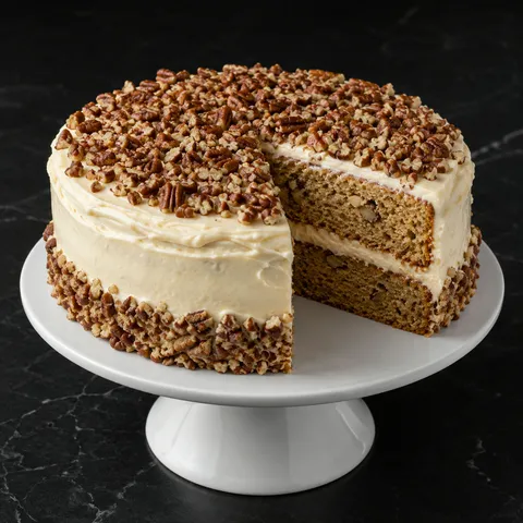 Southern butter pecan layer cake with cream cheese frosting and toasted pecans