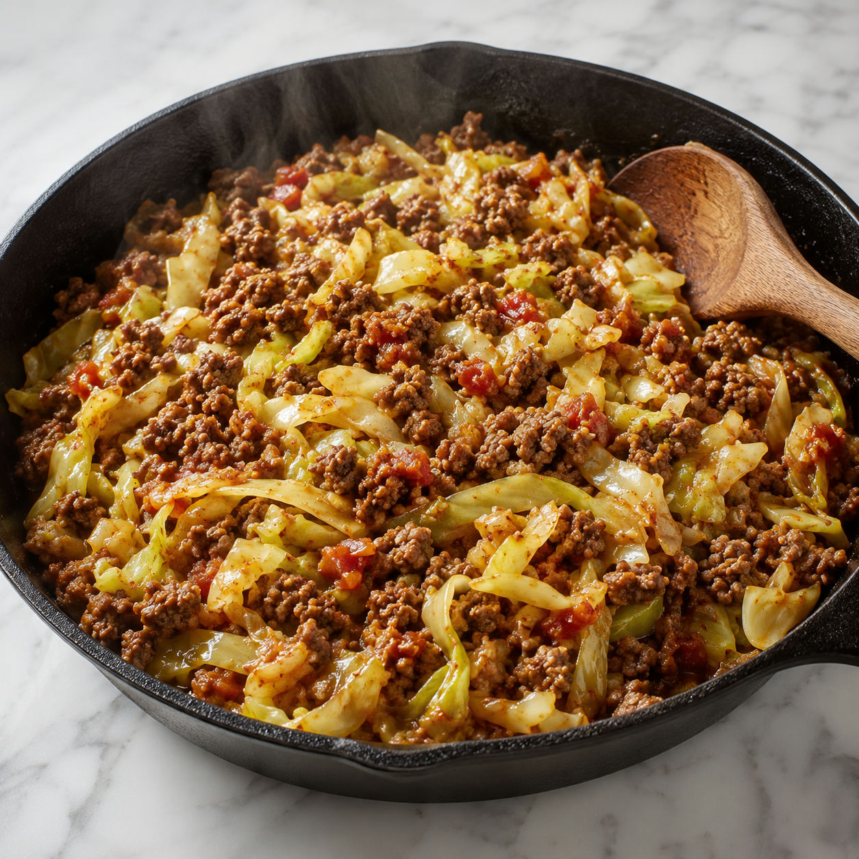 Cabbage and ground beef skillet with diced tomato and smoked paprika in a cast iron pan