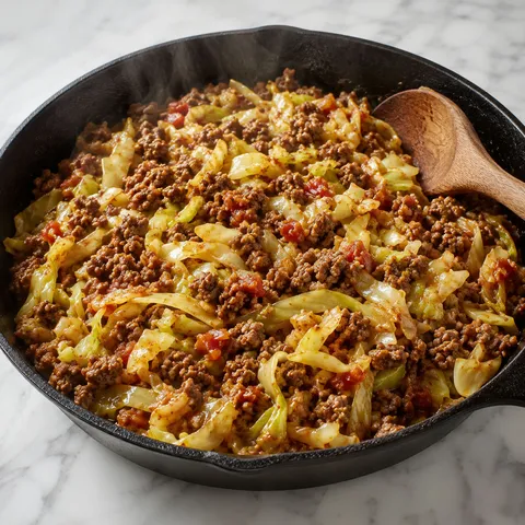 Cabbage and ground beef skillet with diced tomato and smoked paprika in a cast iron pan