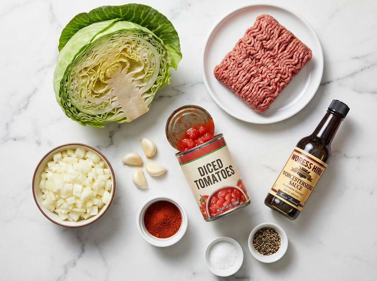 Raw ingredients for cabbage and ground beef skillet on a marble surface