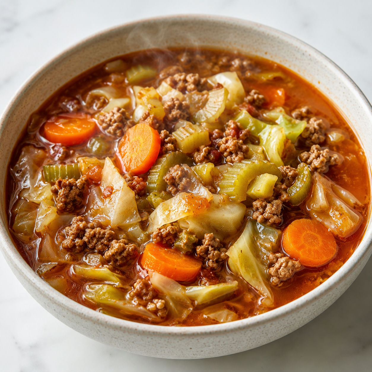 Healthy cabbage and ground beef soup in a ceramic bowl with rich broth and vegetables
