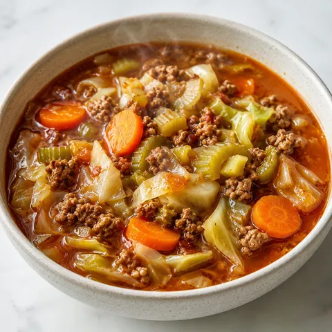 Healthy cabbage and ground beef soup in a ceramic bowl with rich broth and vegetables