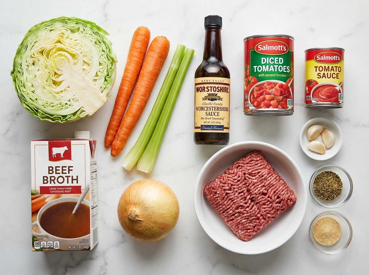 Raw ingredients for cabbage and ground beef soup arranged on a wooden board