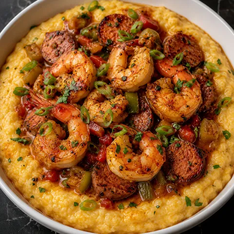 Cajun shrimp and andouille over creamy cheddar grits with green onions