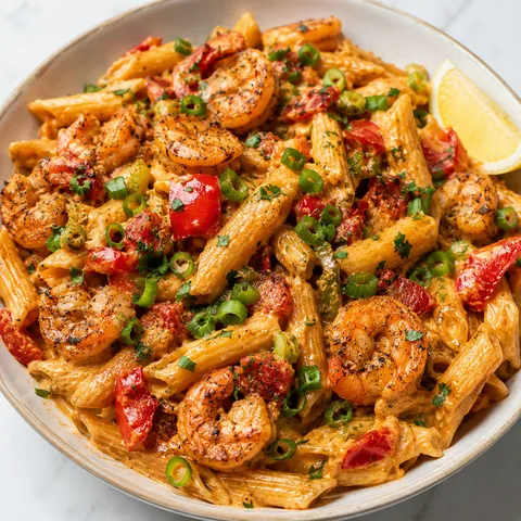 Cajun Shrimp Pasta with creamy sauce, peppers, scallions, and parsley