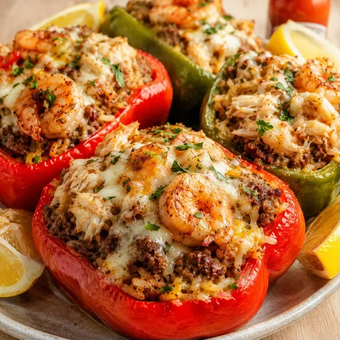 Cajun stuffed peppers with beef, shrimp, crab, cheese, parsley, and lemon
