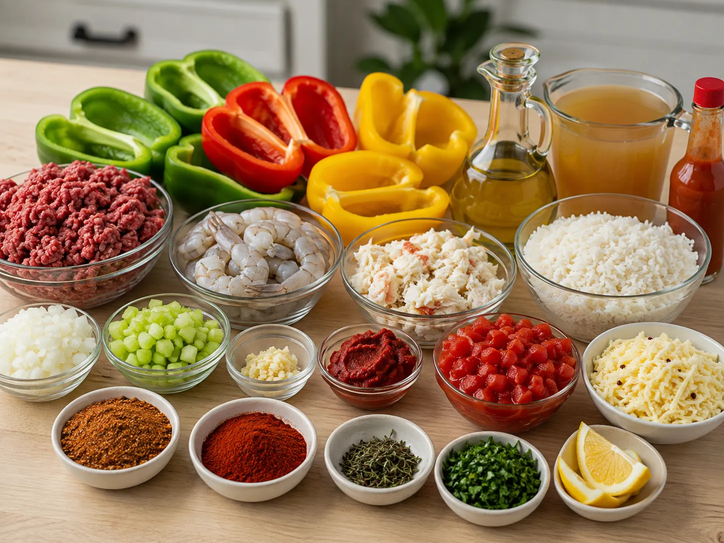 Ingredients for Cajun surf and turf stuffed peppers on a wooden counter