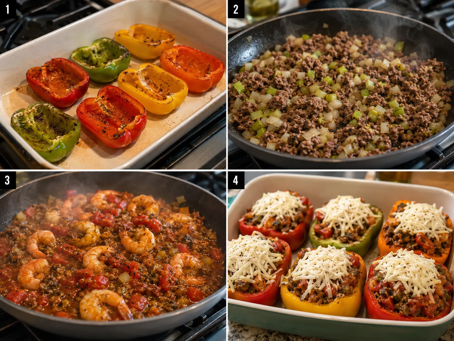 Four cooking steps for Cajun surf and turf stuffed peppers