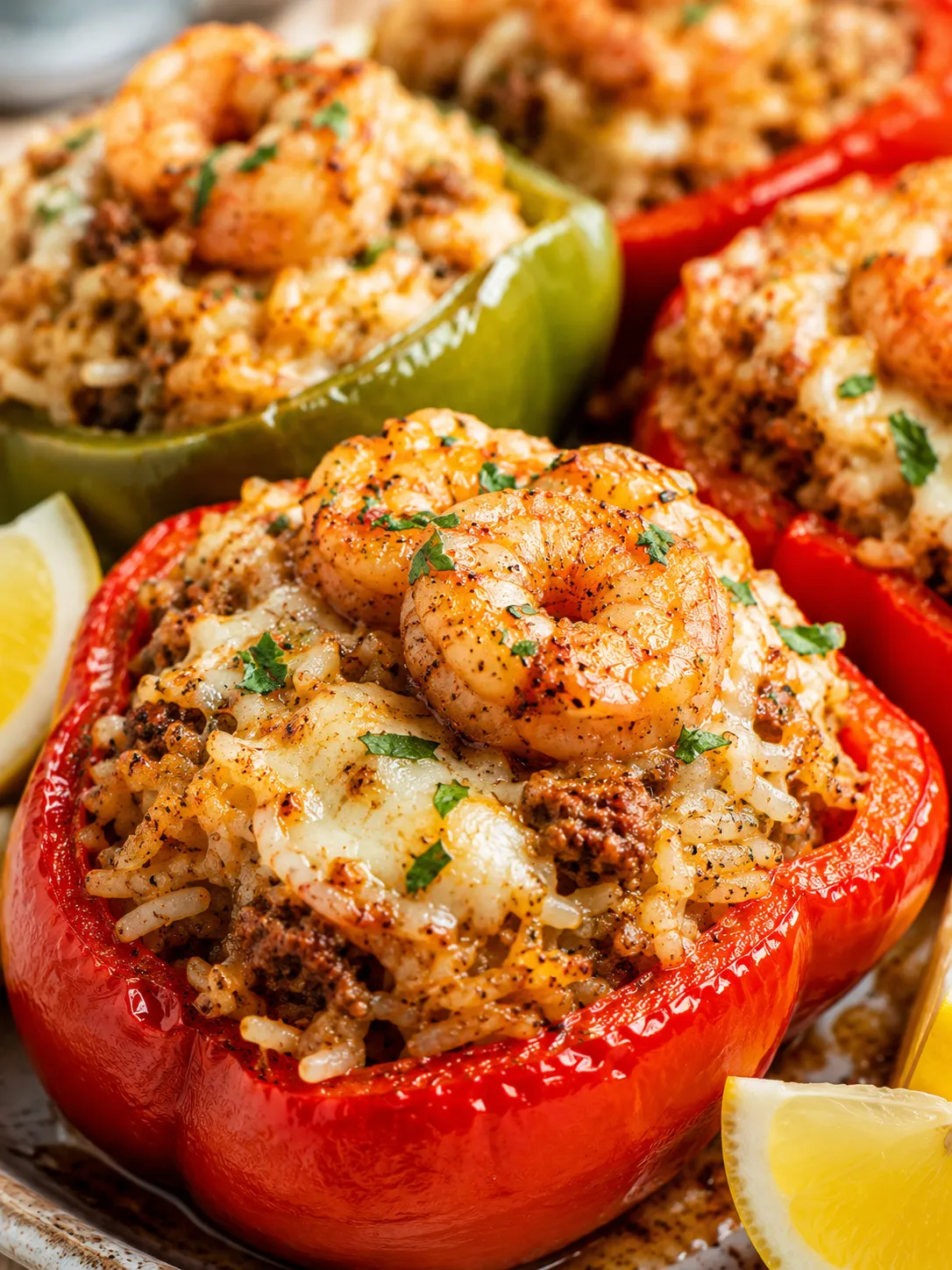 Cajun surf and turf stuffed peppers with melted cheese and shrimp