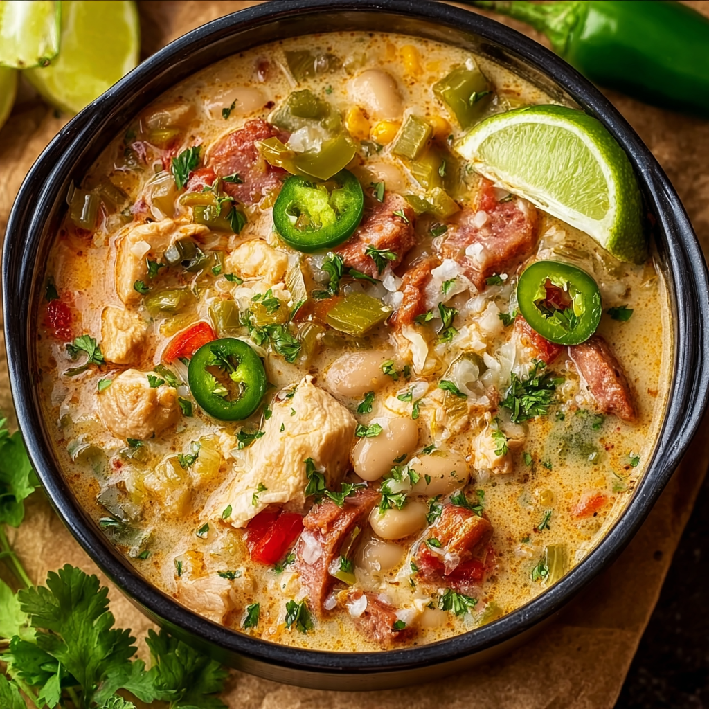Cajun White Chicken Chili filled with Beans, Creamy Sauce, and Sausage