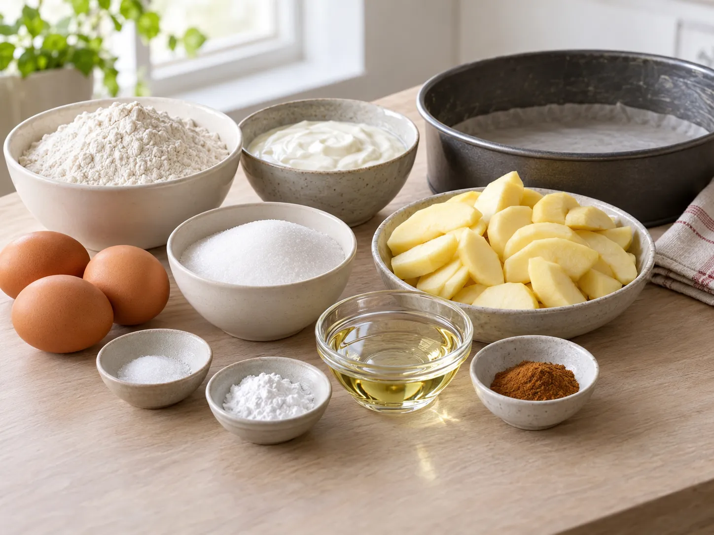large eggs, granulated sugar, plain full-fat yogurt, neutral sunflower oil