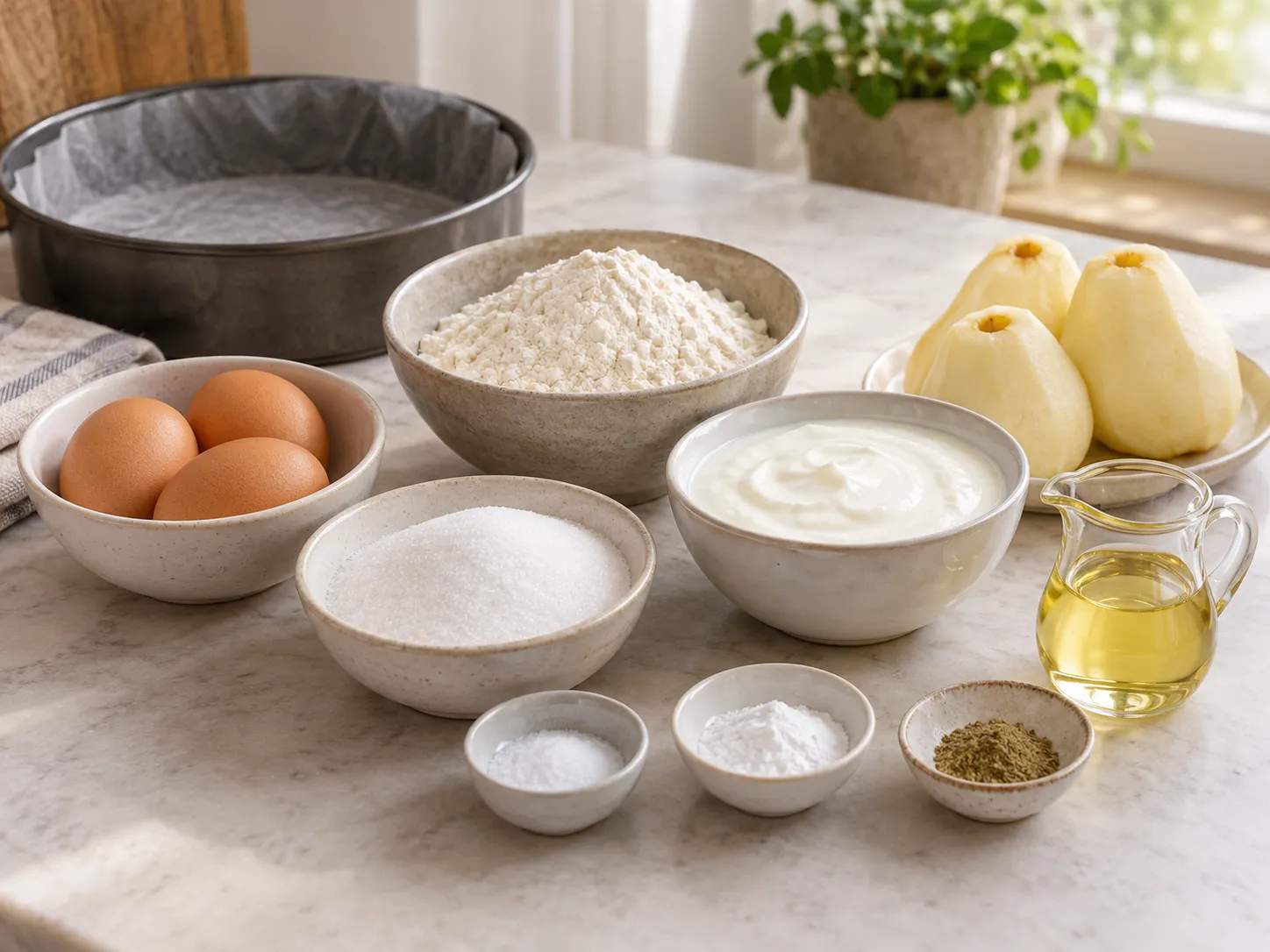 large eggs, granulated sugar, plain full-fat yogurt, neutral sunflower oil