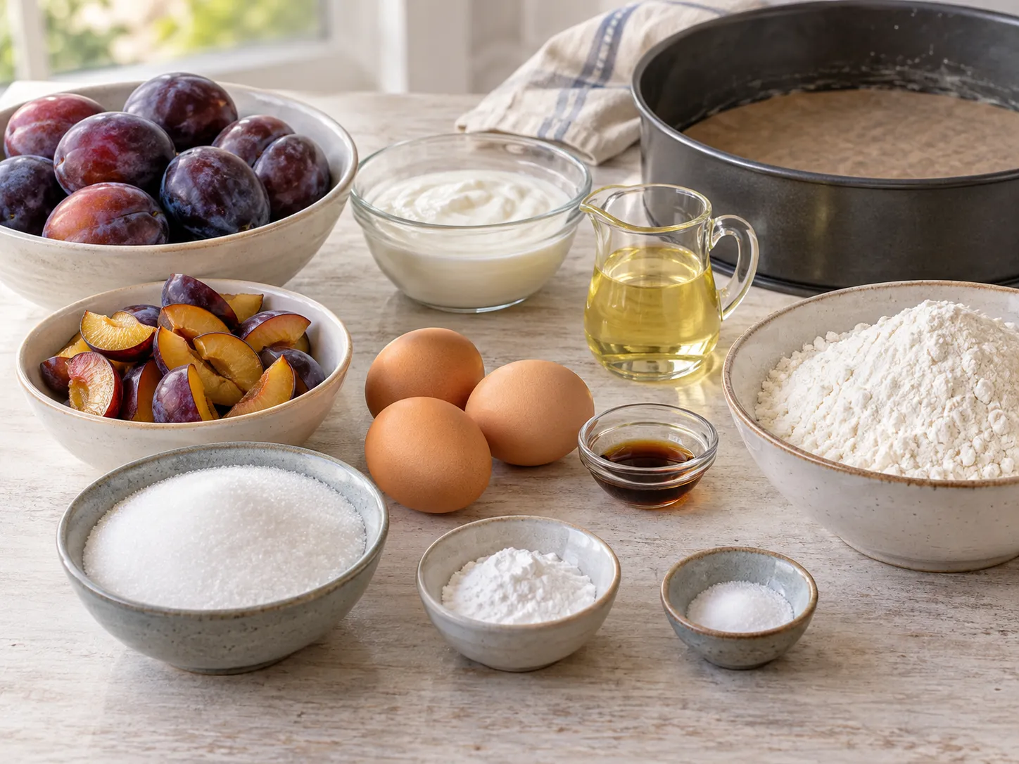 large eggs, granulated sugar, plain full-fat yogurt, neutral sunflower oil