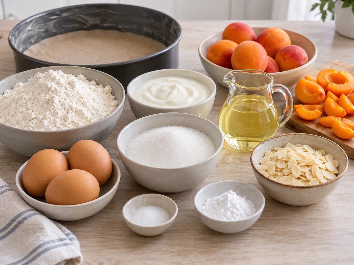 large eggs, granulated sugar, plain full-fat yogurt, neutral sunflower oil