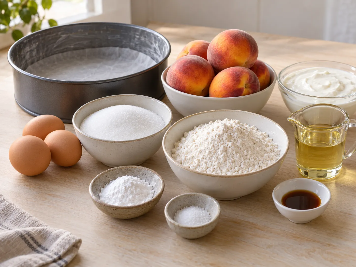 large eggs, granulated sugar, plain full-fat yogurt, neutral sunflower oil