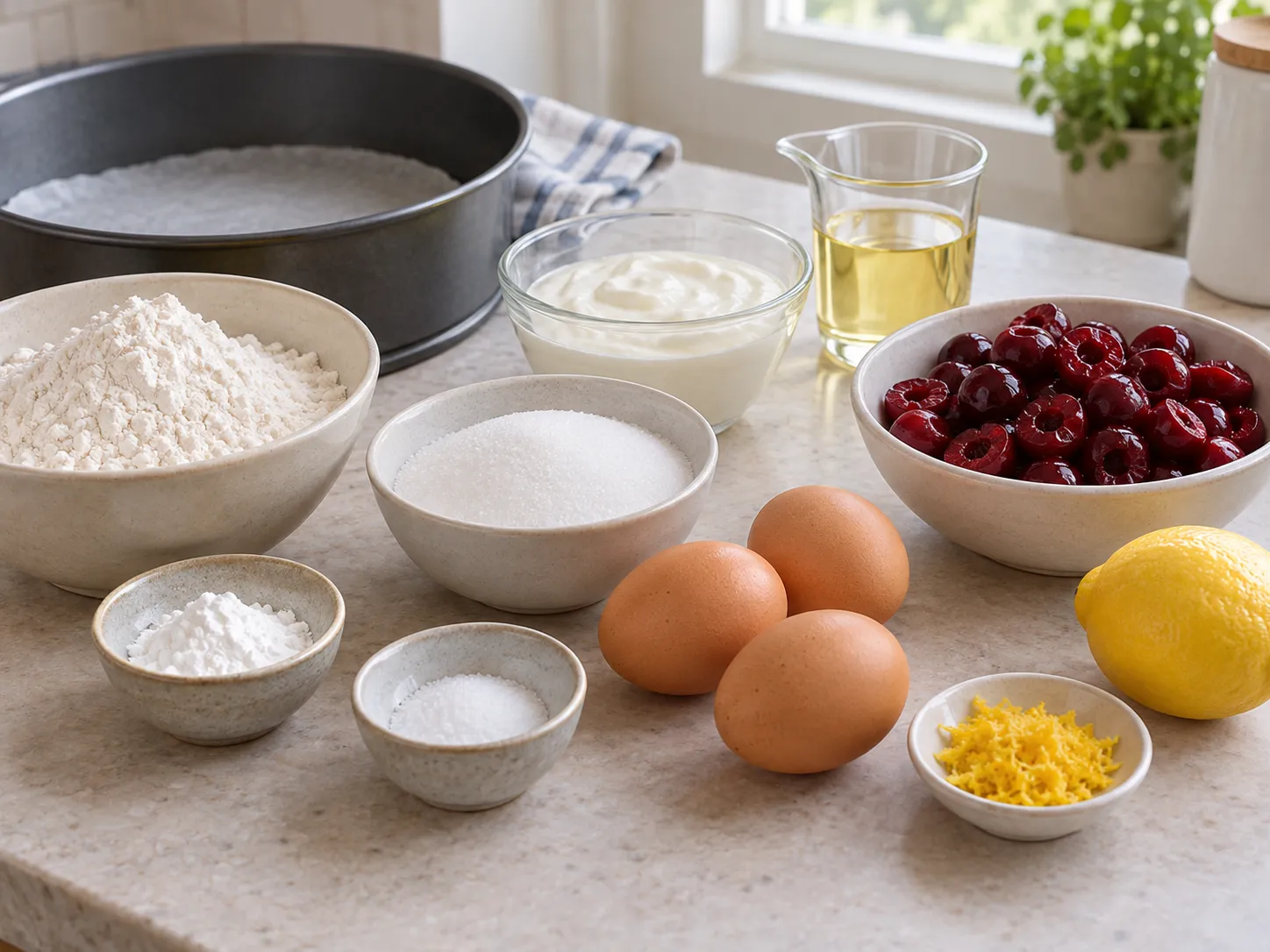 large eggs, granulated sugar, plain full-fat yogurt, neutral sunflower oil