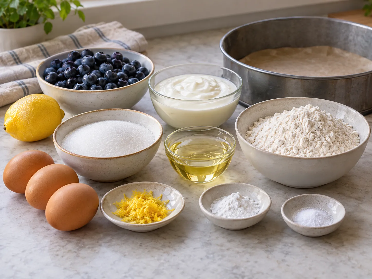 large eggs, granulated sugar, plain full-fat yogurt, neutral sunflower oil