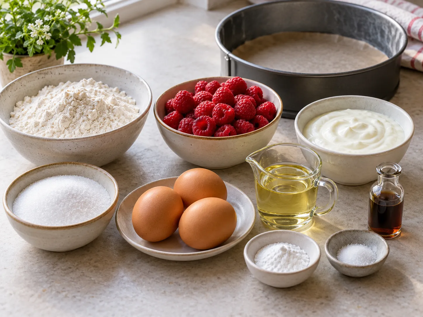 large eggs, granulated sugar, plain full-fat yogurt, neutral sunflower oil