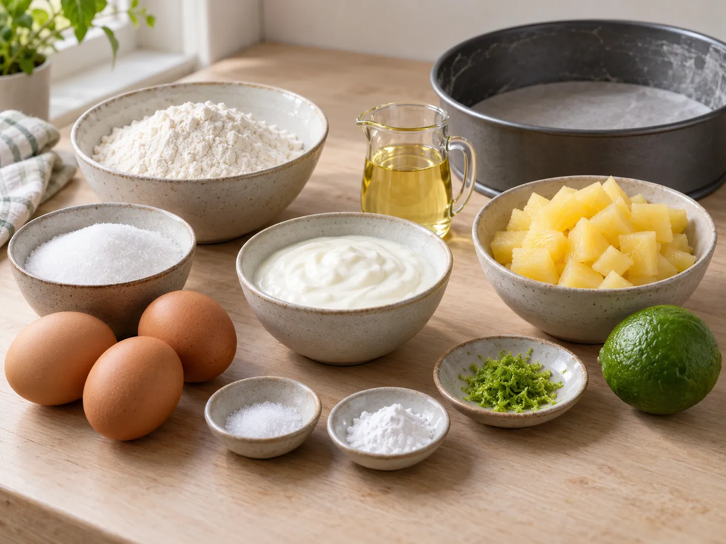 large eggs, granulated sugar, plain full-fat yogurt, neutral sunflower oil
