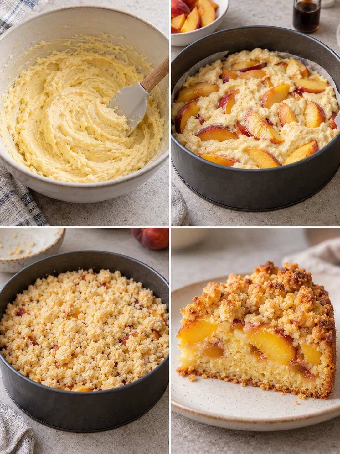 Crumble cake with peaches and vanilla