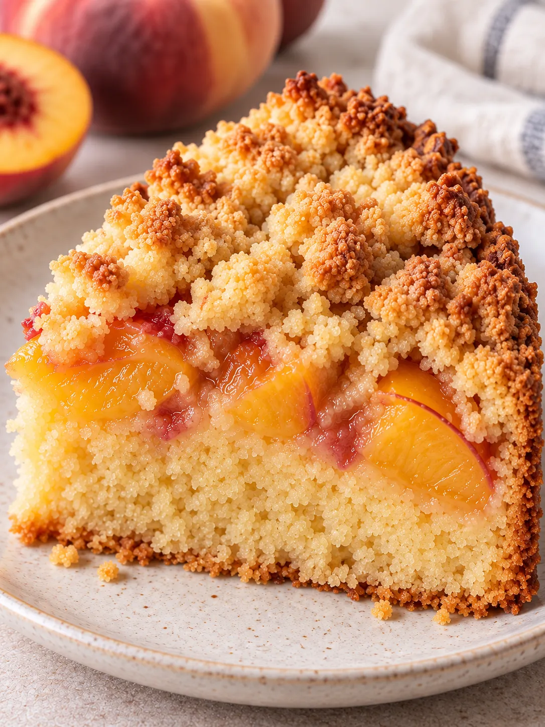 Crumble cake with peaches and vanilla