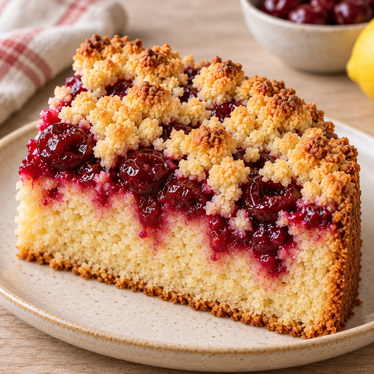 Crumble cake with cherries and lemon