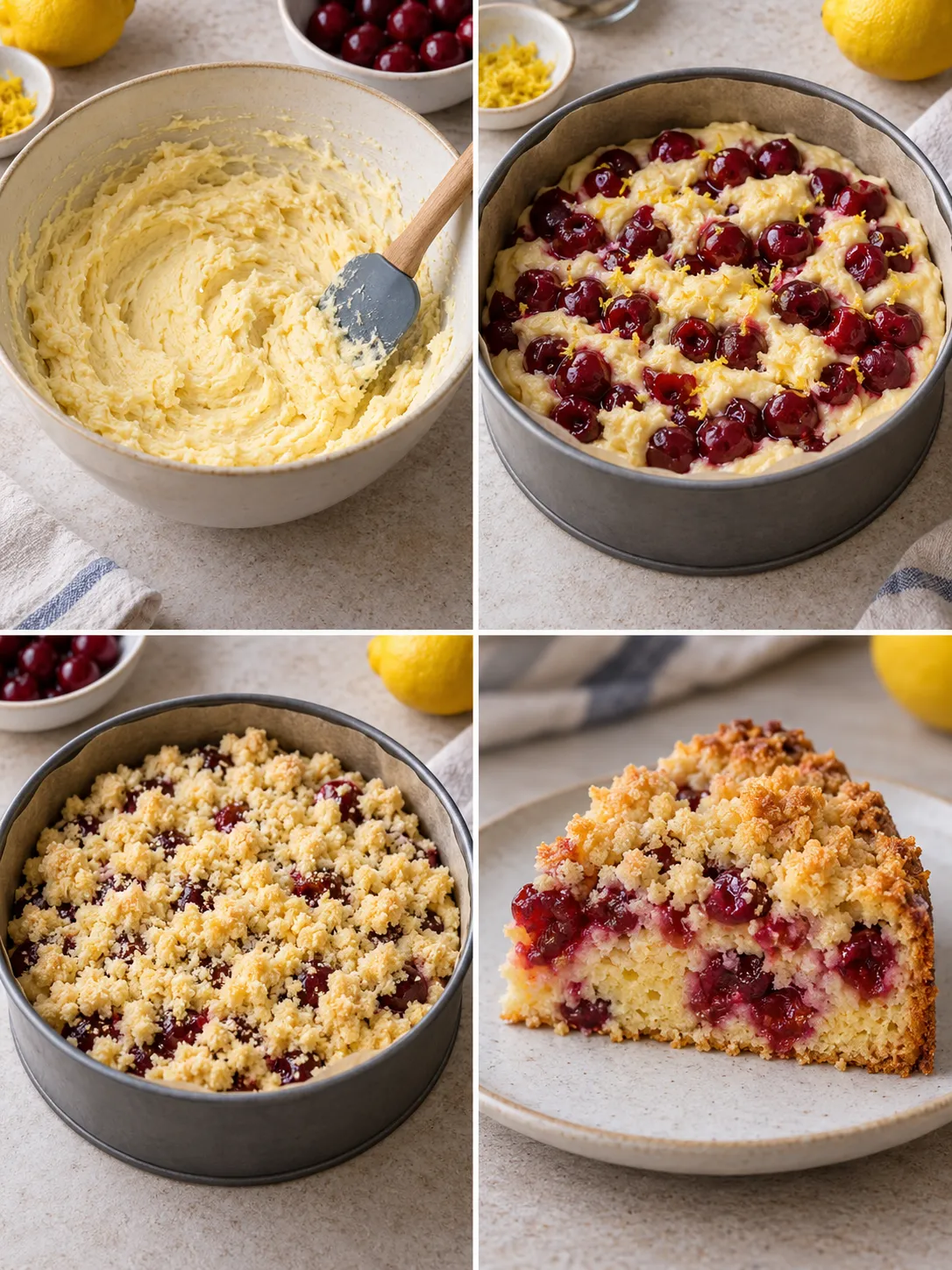 Crumble cake with cherries and lemon