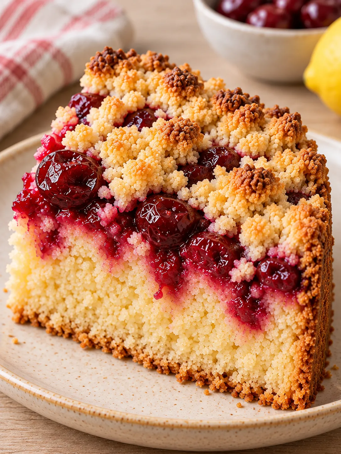 Crumble cake with cherries and lemon