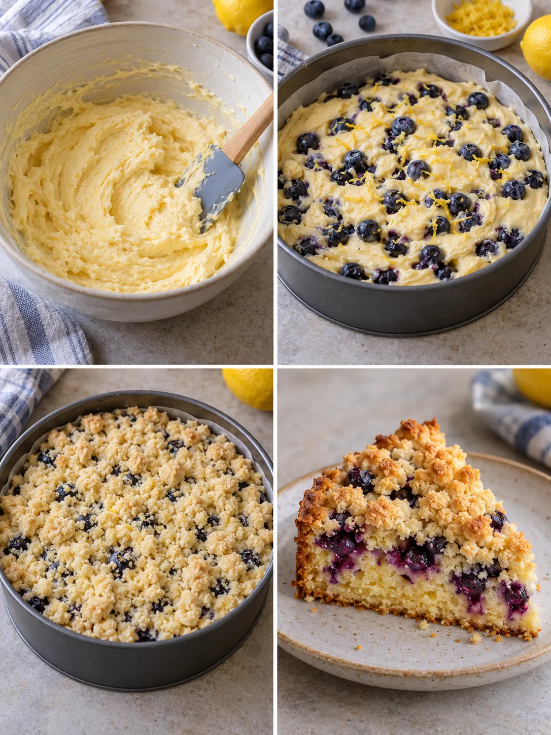 Crumble cake with blueberries and lemon