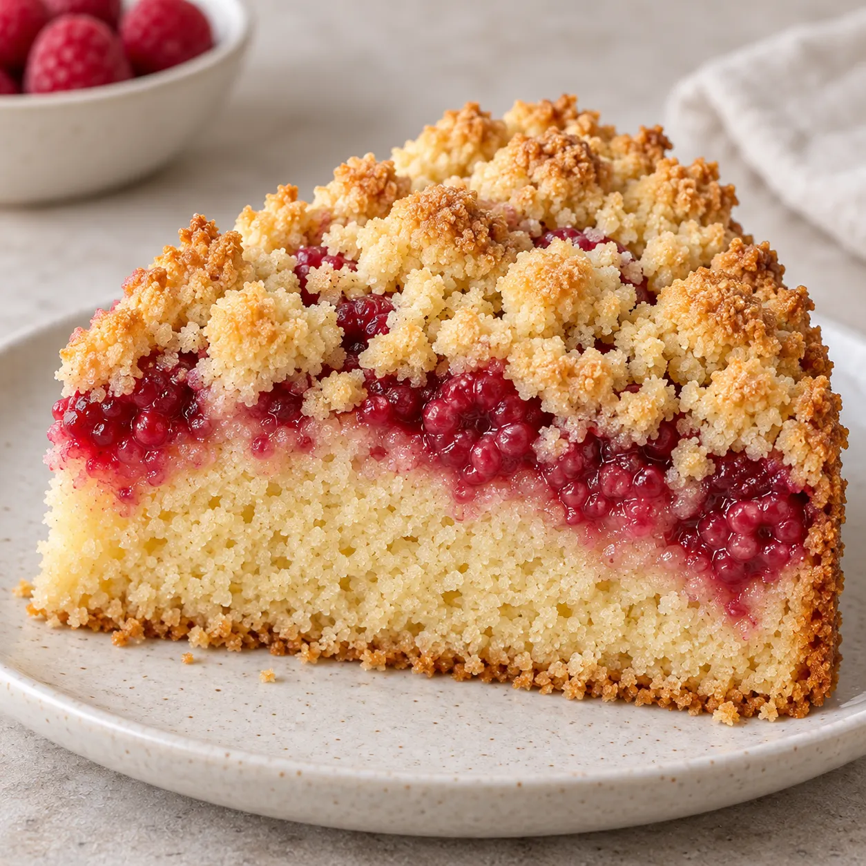 Crumble cake with raspberries and vanilla