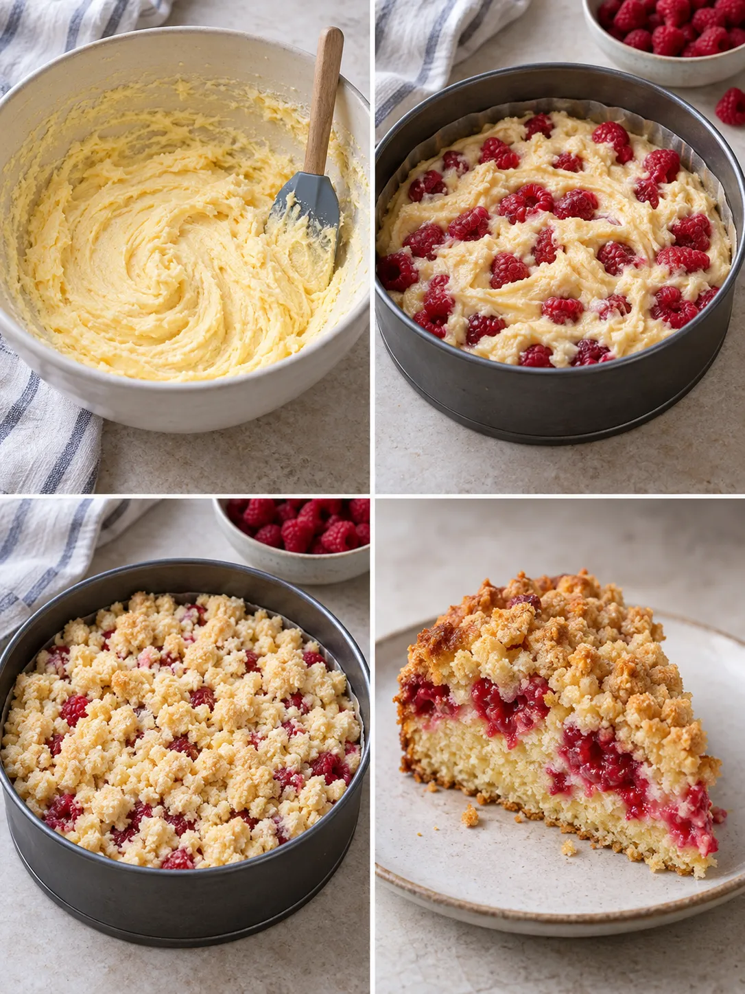 Crumble cake with raspberries and vanilla