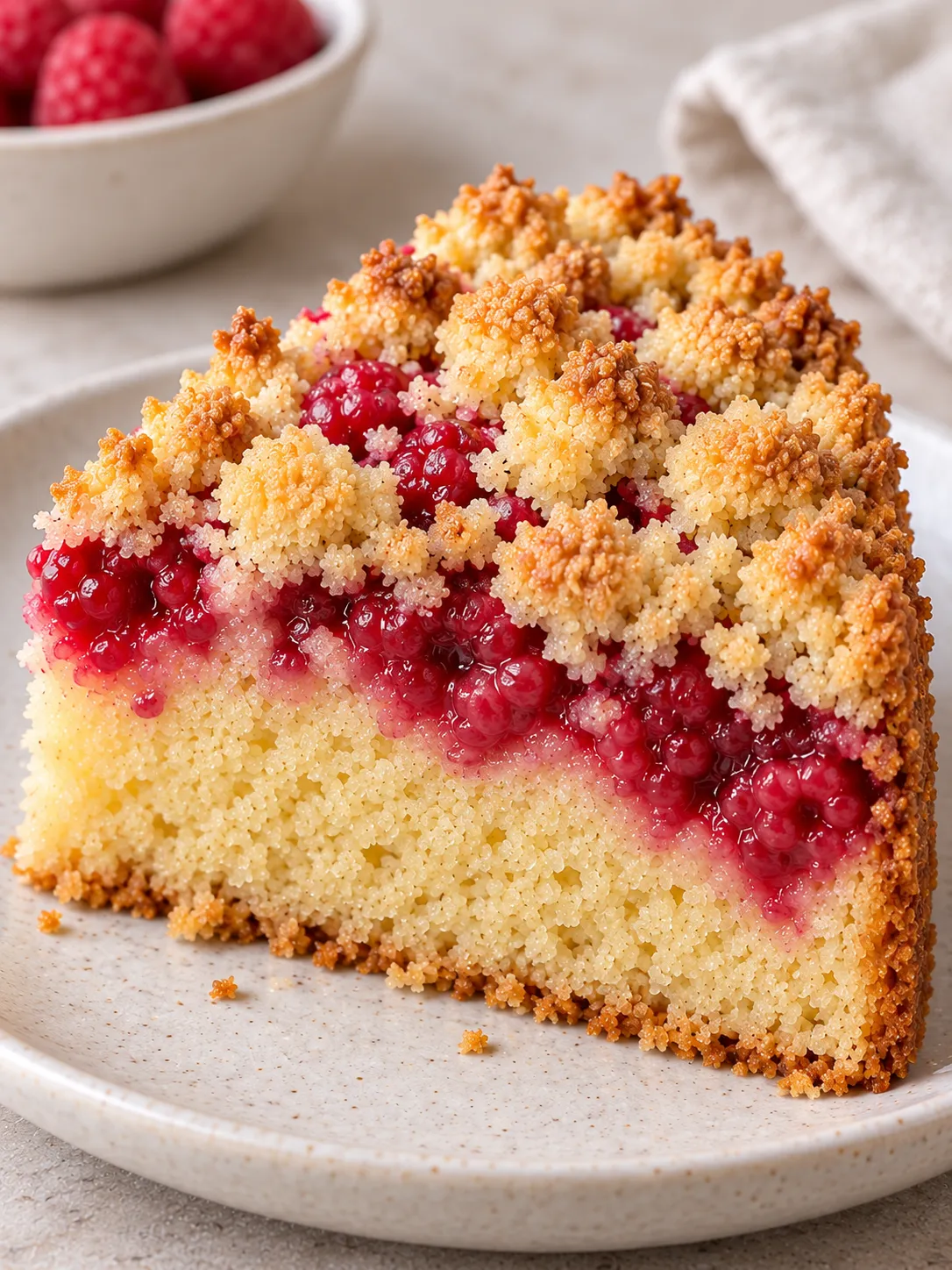 Crumble cake with raspberries and vanilla