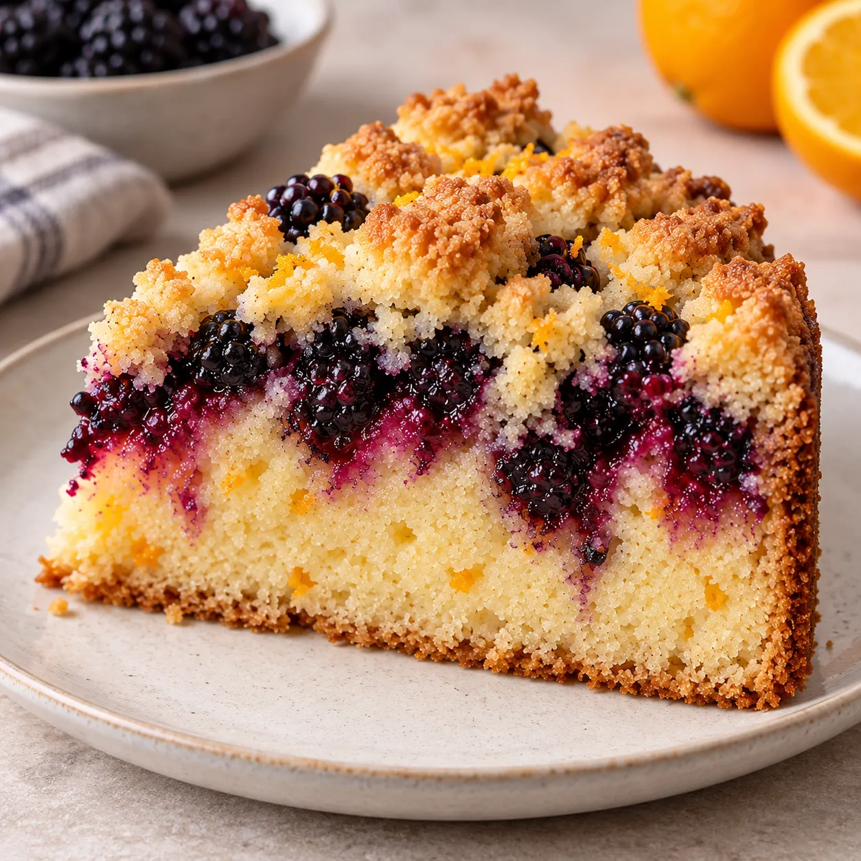 Crumble cake with blackberries and orange