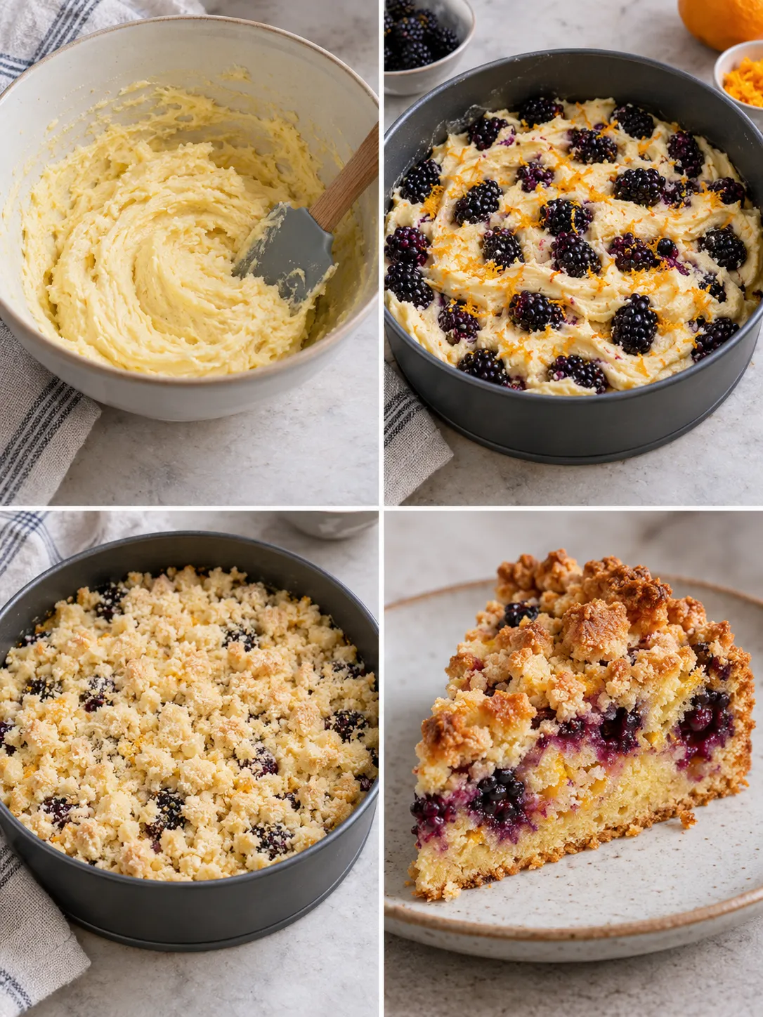 Crumble cake with blackberries and orange