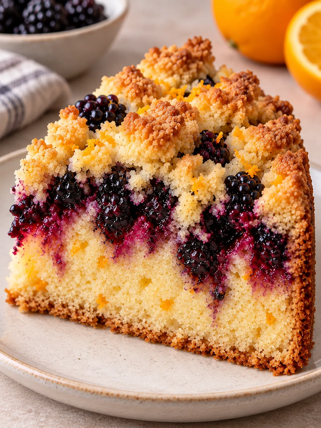 Crumble cake with blackberries and orange