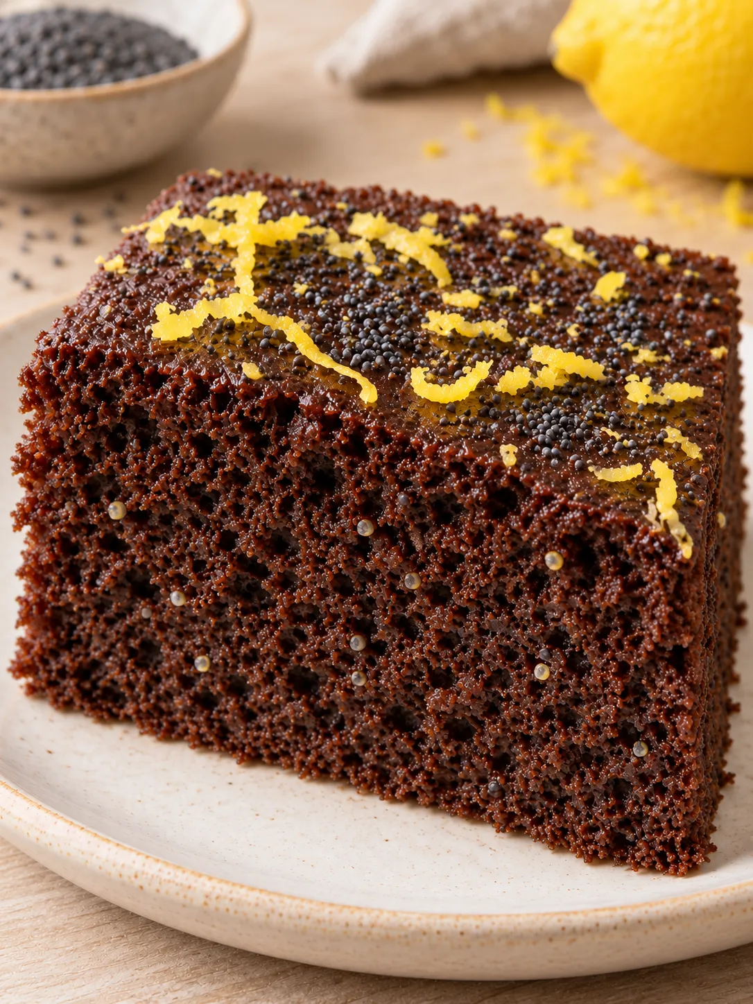 Chocolate sheet cake with lemon and poppy seeds