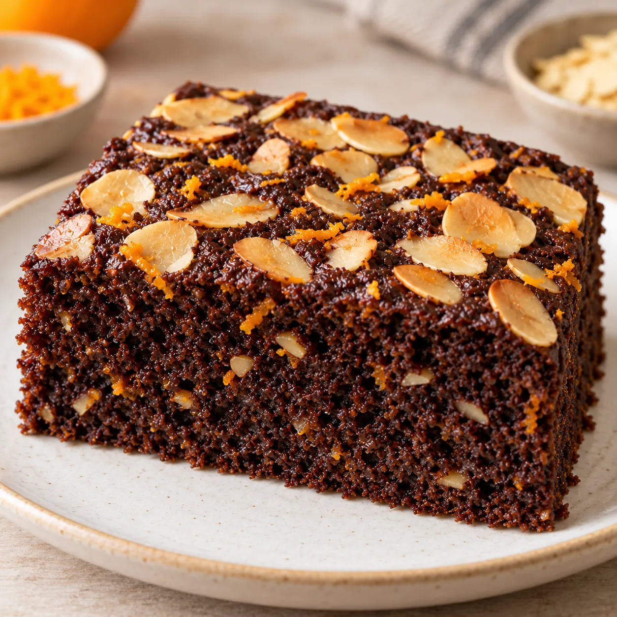 Chocolate sheet cake with orange and almonds