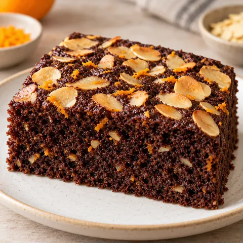 Chocolate sheet cake with orange and almonds