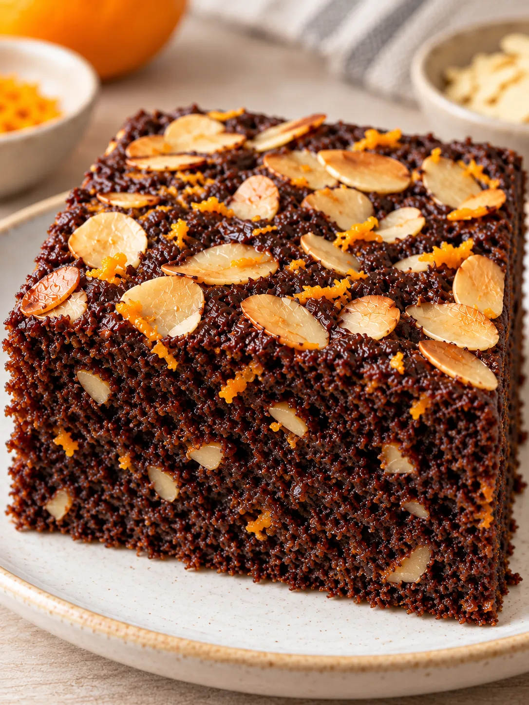 Chocolate sheet cake with orange and almonds