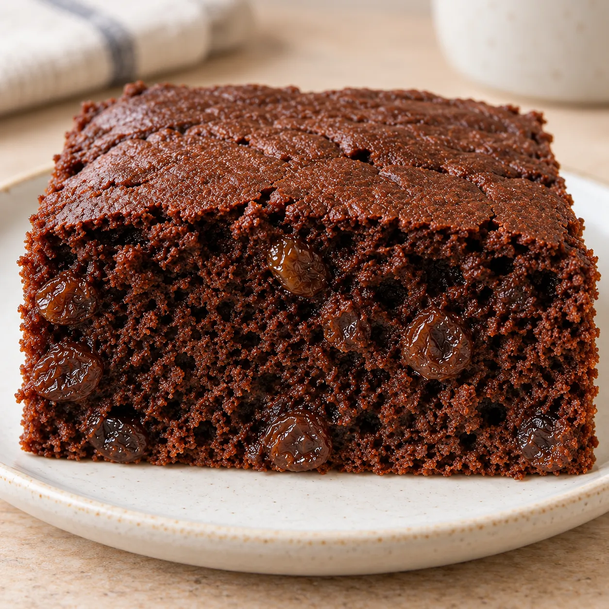 Chocolate sheet cake with vanilla and raisins