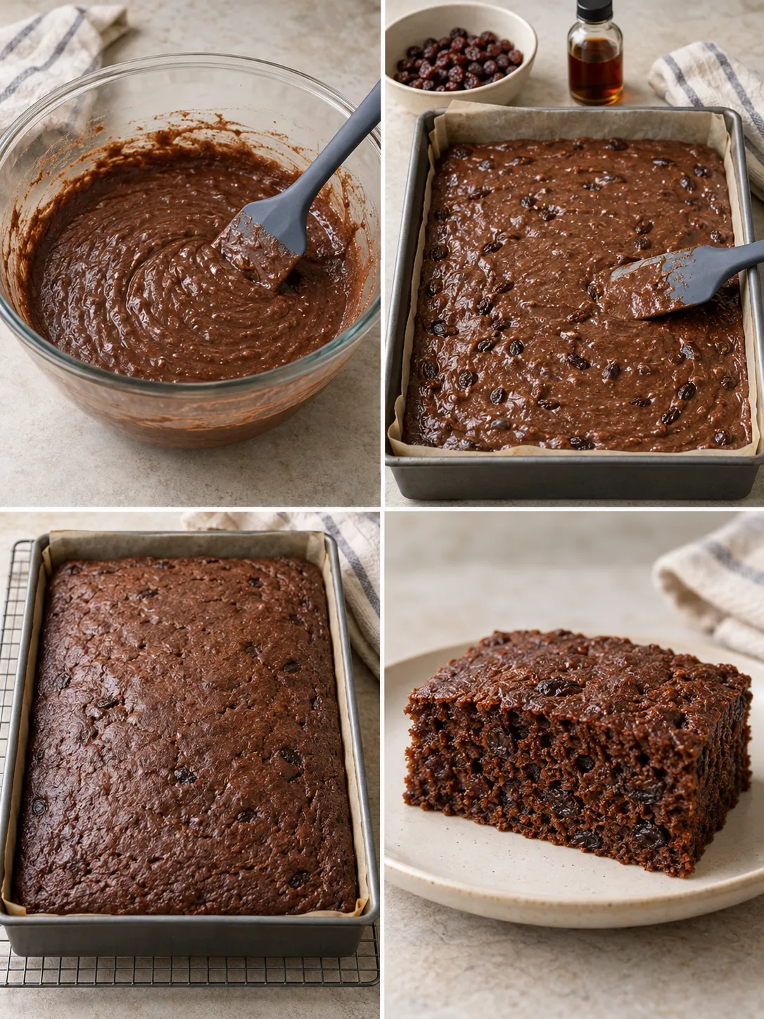 Chocolate sheet cake with vanilla and raisins