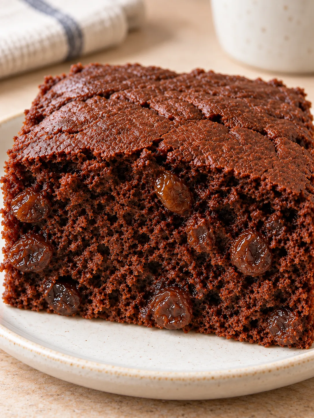 Chocolate sheet cake with vanilla and raisins