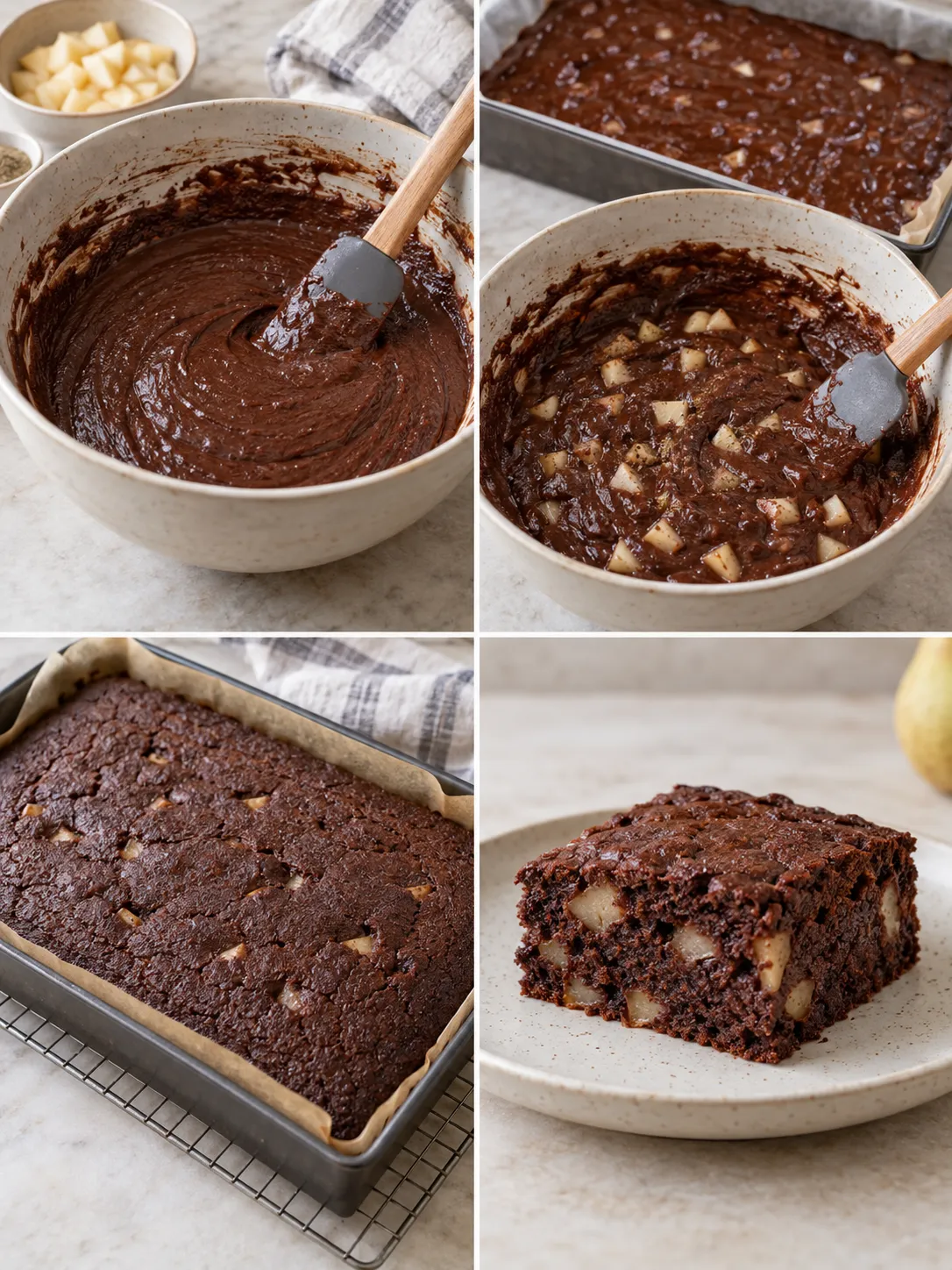 Chocolate sheet cake with cardamom and pear