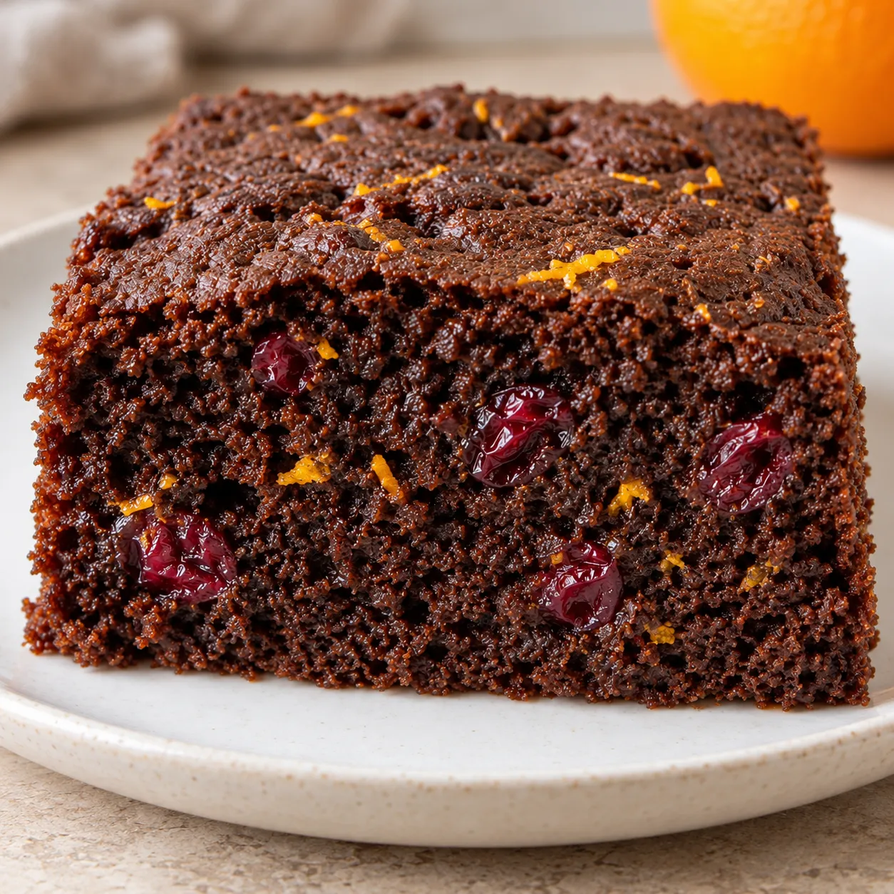 Chocolate sheet cake with cranberries and orange