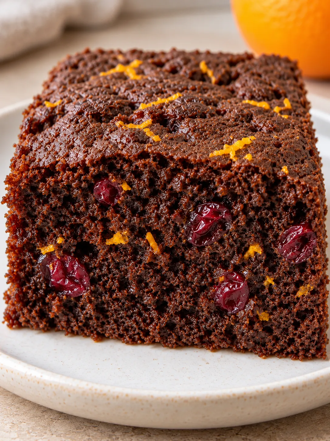 Chocolate sheet cake with cranberries and orange