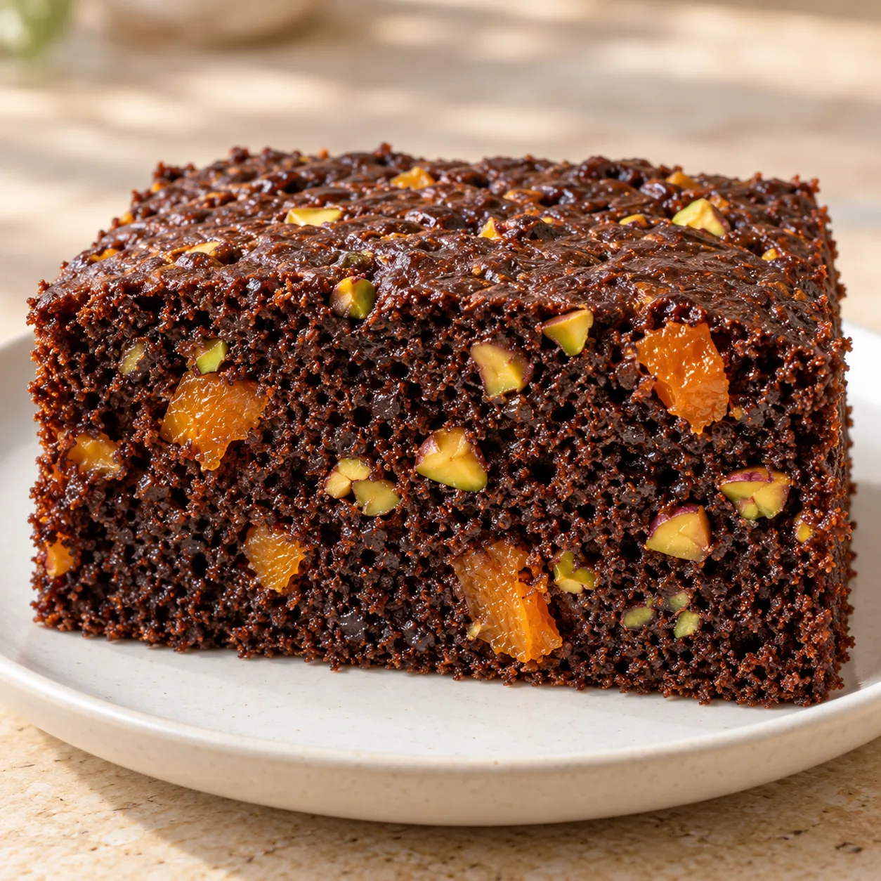 Chocolate sheet cake with apricots and pistachios