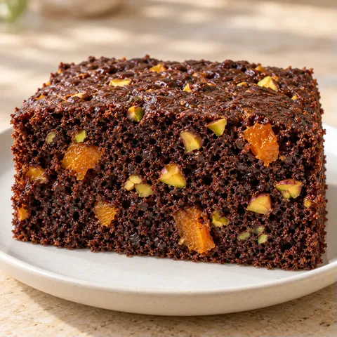 Chocolate sheet cake with apricots and pistachios